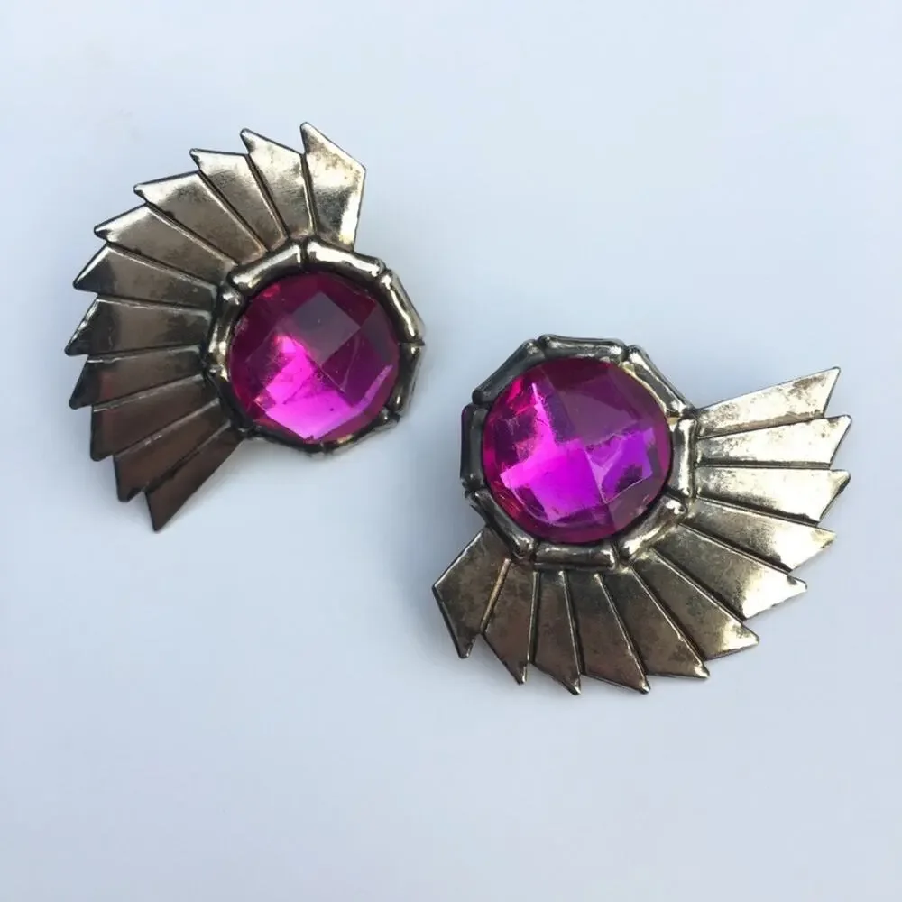 80s style purple accent chrome wing post earrings